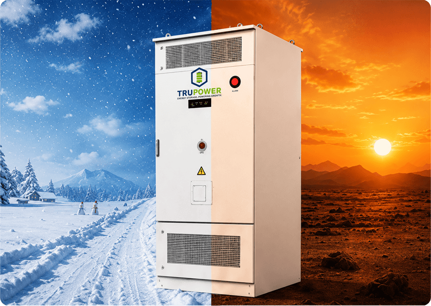 TruPower battery cabinet shown operating in both snowy -30°C and desert 55°C conditions