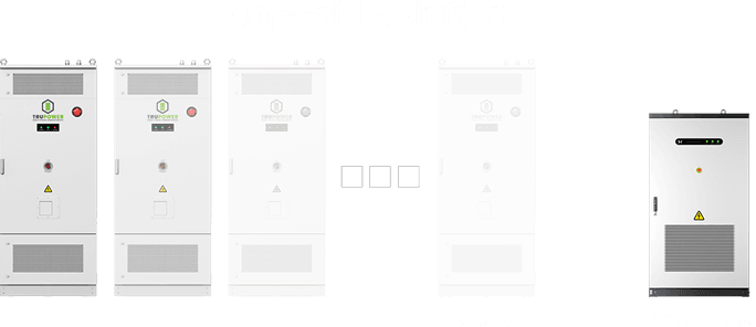 On-Grid Solution: a row of TruPower battery cabinet units labeled Max 10 Units, with a separate AC Combiner cabinet